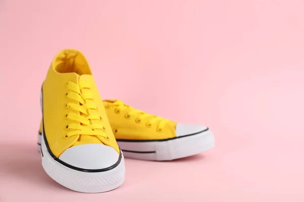 Pair Stylish Sneakers Pink Background Space Text — 스톡 사진