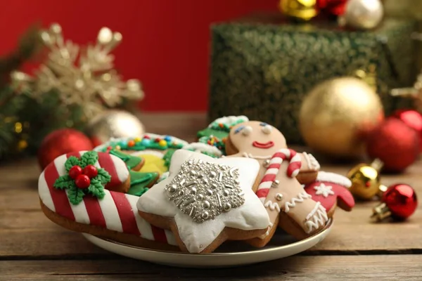 Sweet Christmas Cookies Festive Decor Wooden Table — 스톡 사진