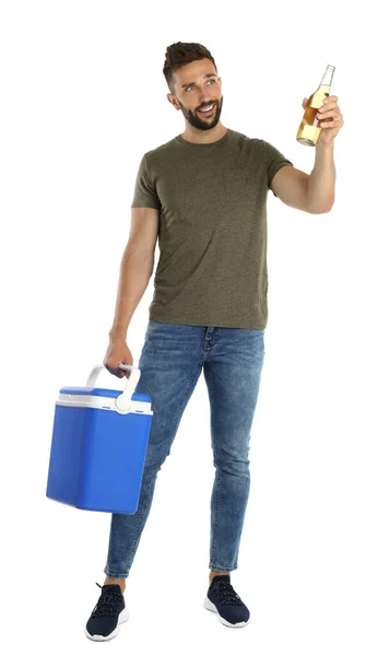Happy Man Cool Box Bottle Beer White Background — Foto Stock