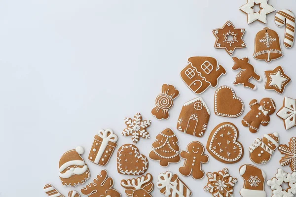 Different Christmas Gingerbread Cookies White Background Top View — Stock Photo, Image