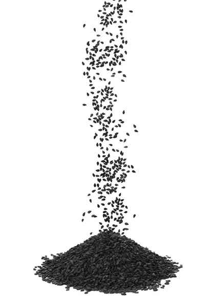 Black Sesame Seeds Falling Pile White Background — Stock Fotó