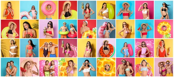 Collage Beautiful Photos Themed Summer Party Vacation Happy People Wearing — Foto Stock