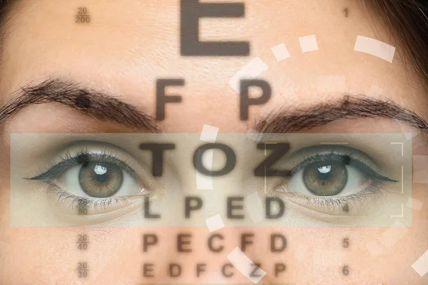 Closeup View Woman Eye Chart Illustration Visiting Ophthalmologist — Stock Photo, Image