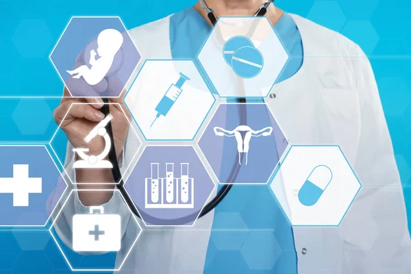 Doctor Pointing Different Virtual Icons Blue Background Reproductive Medicine Concept — Stock Fotó