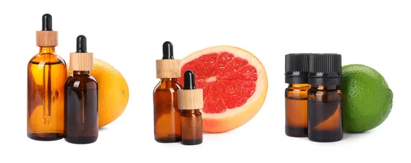 Set Bottles Different Citrus Essential Oils Fresh Fruits White Background — Stockfoto