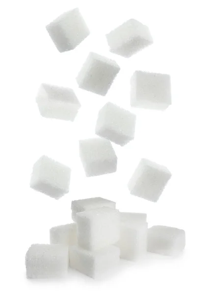 Flying Cubes Sugar White Background — Stock Photo, Image