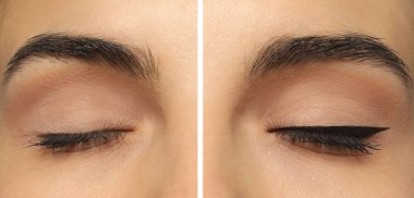 Collage with photos of young woman before and after getting permanent eyeliner makeup, closeup. Banner design
