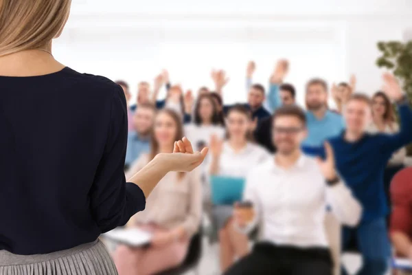 Motivational Speaker Giving Speech Office Closeup View — Fotografia de Stock