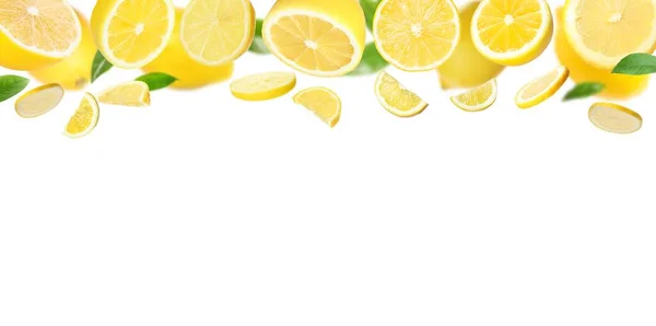 Fresh Ripe Lemons Green Leaves White Background Banner Design — Stock Photo, Image