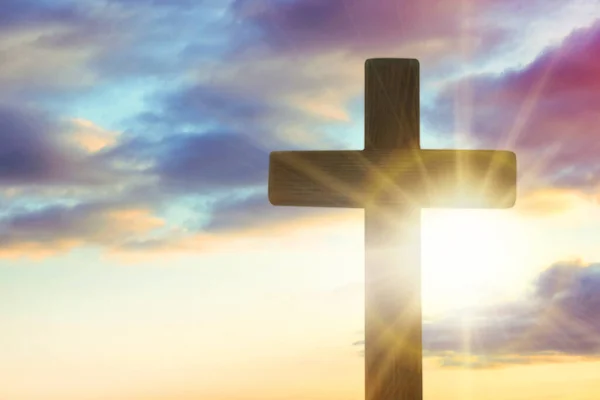 Silhouette Cross Beautiful Sky Sunrise Christian Religion — Foto de Stock