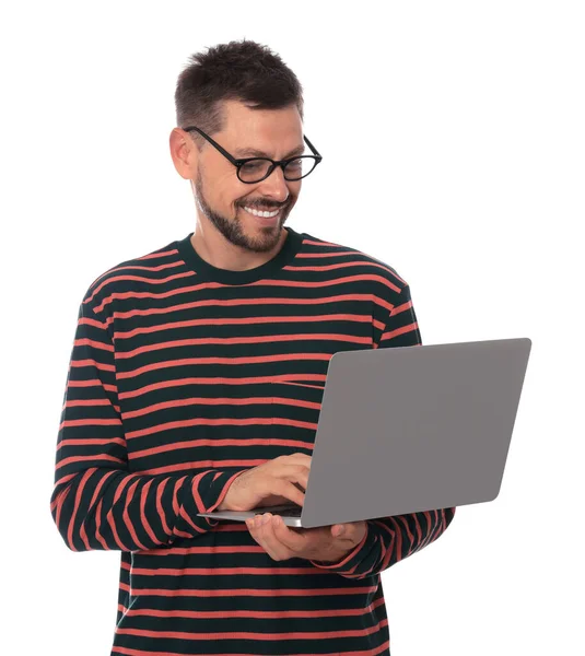 Smiling Man Laptop White Background — Stockfoto