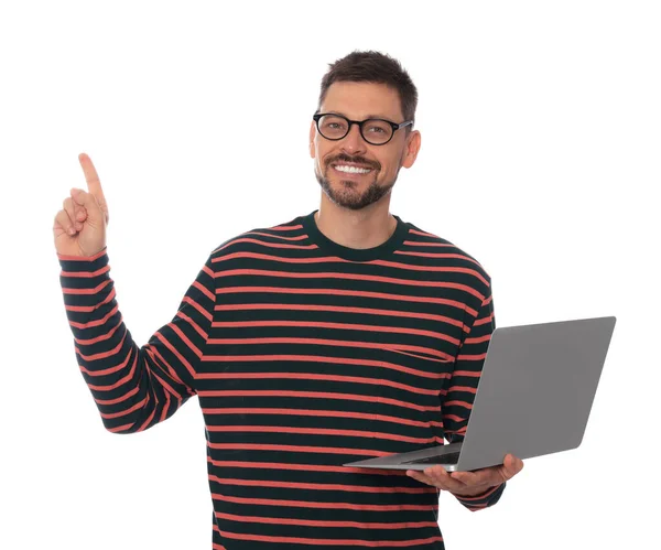 Smiling Man Laptop White Background — 스톡 사진