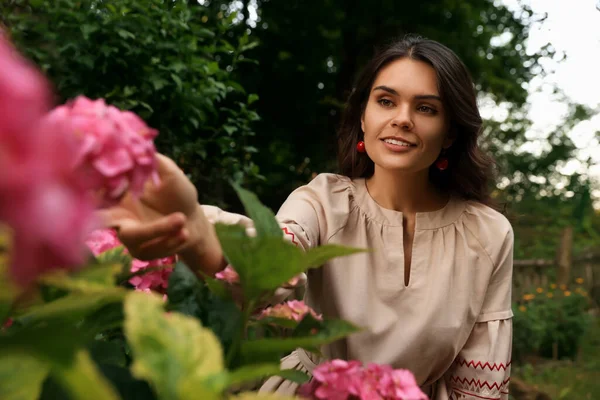 Beautiful Woman Wearing Embroidered Dress Blooming Garden Ukrainian National Clothes — Stock Fotó