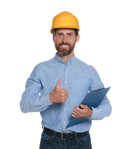 Επαγγελματίας Μηχανικός Σκληρό Καπέλο Πρόχειρο Που Δείχνει Τον Αντίχειρα Επάνω — Φωτογραφία Αρχείου