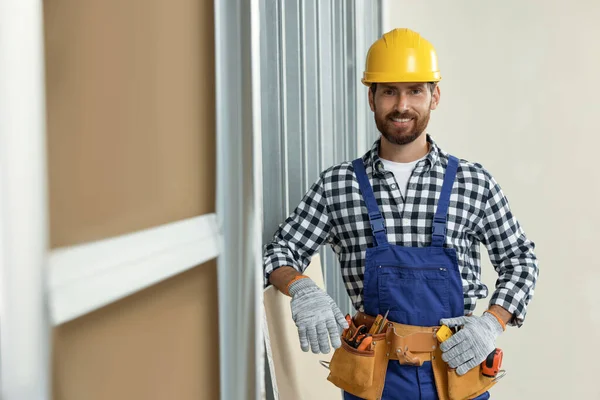 Professional Builder Uniform Tool Belt Indoors —  Fotos de Stock