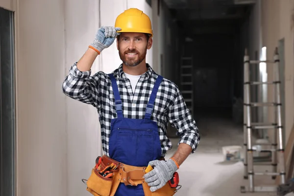 Professional Builder Uniform Tool Belt Indoors — Zdjęcie stockowe