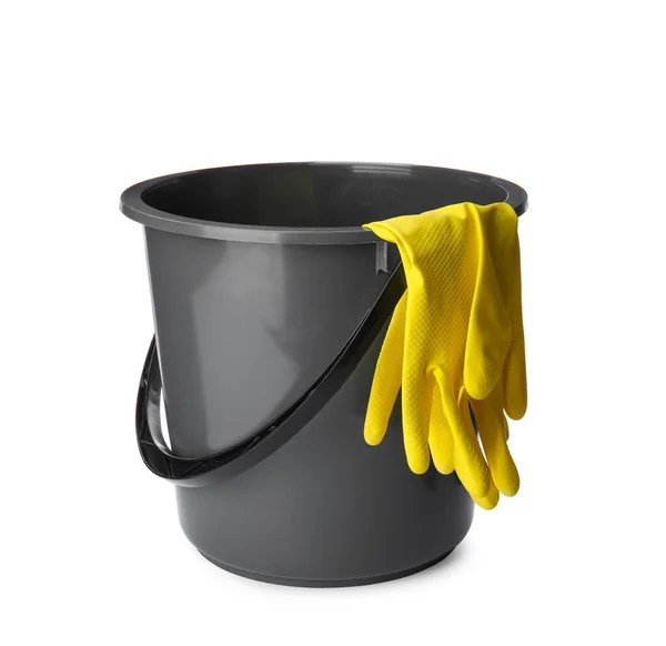 Grey Bucket Rubber Gloves White Background — Zdjęcie stockowe