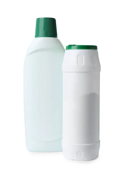 Bottles Different Detergents White Background Cleaning Supplies — Fotografia de Stock