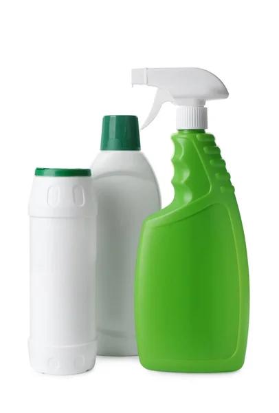 Bottles Different Detergents White Background Cleaning Supplies — Stock fotografie