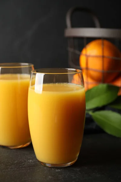 Glasses Orange Juice Black Table — Stock Photo, Image