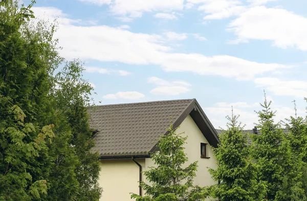 Modern building with grey roof in forest on spring day