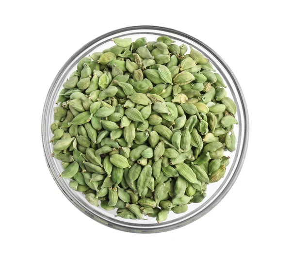 Glass Bowl Dry Cardamom Isolated White Top View — kuvapankkivalokuva