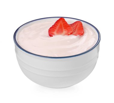 Bowl of delicious yogurt with strawberries isolated on white