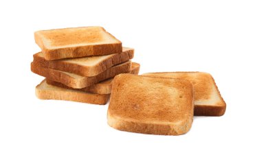 Slices of delicious toasted bread on white background