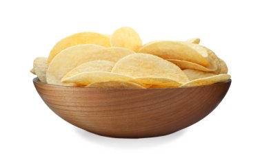 Bowl with delicious potato chips isolated on white