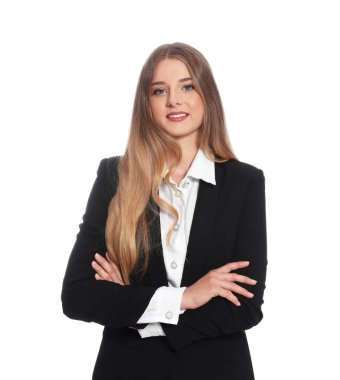 Portrait of young hostess in uniform on white background