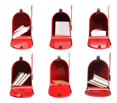 Set of open red letter boxes with correspondence on white background