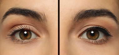 Collage with photos of young woman before and after getting permanent eyeliner makeup, closeup. Banner design