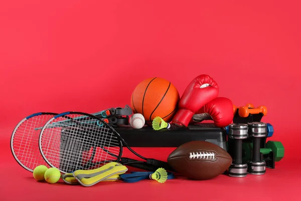 Set Different Sports Equipment Red Background Space Text — Stockfoto