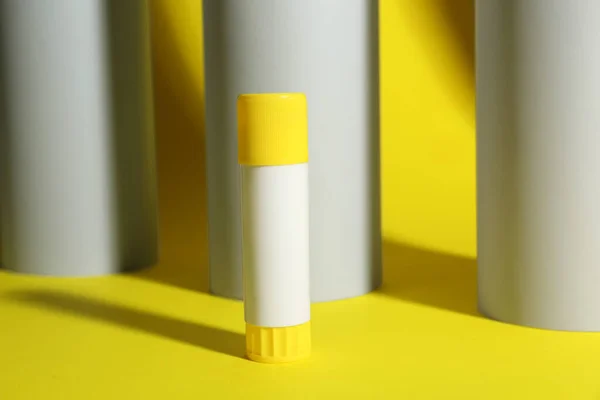 Glue Stick Paper Rolls Yellow Background — Fotografia de Stock