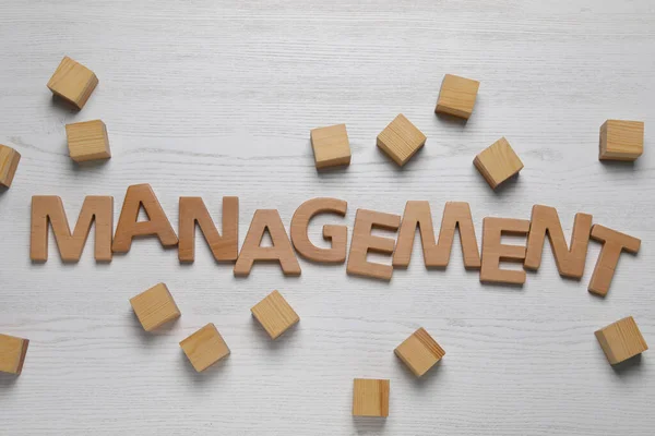 Word Management Made Letters Cubes White Wooden Background Flat Lay — Fotografia de Stock