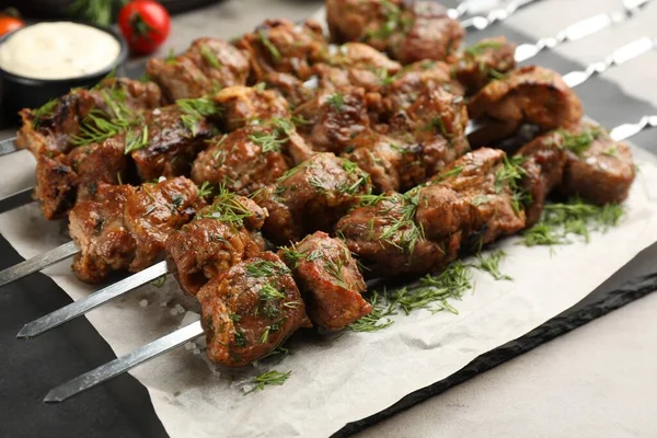 Metal Skewers Delicious Meat Served Light Grey Table Closeup — Foto Stock