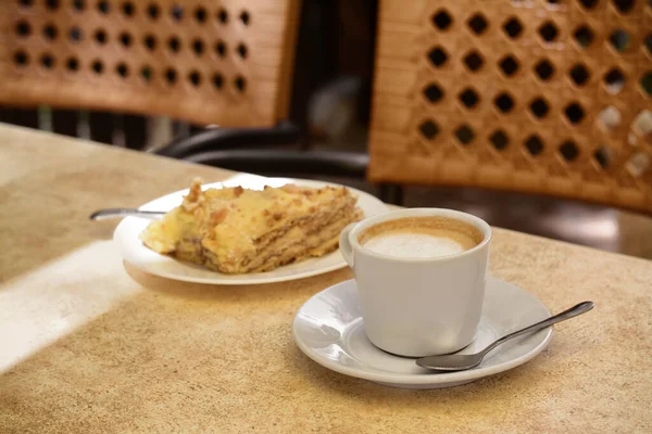 Piece Delicious Cake Coffee Beige Table — Foto de Stock