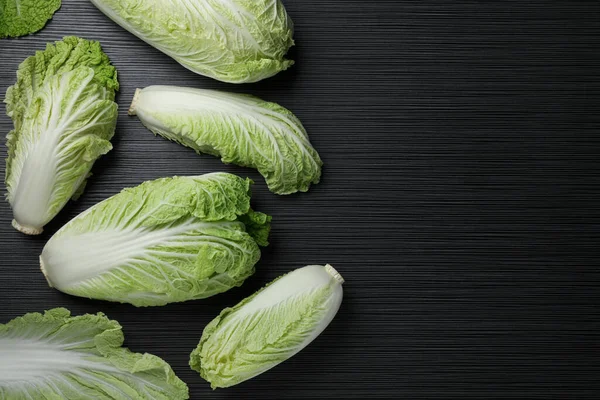 Fresh Ripe Chinese Cabbages Black Wooden Table Fat Lay Space — Stockfoto