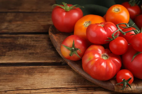 Many Different Ripe Tomatoes Wooden Table Space Text — Stockfoto