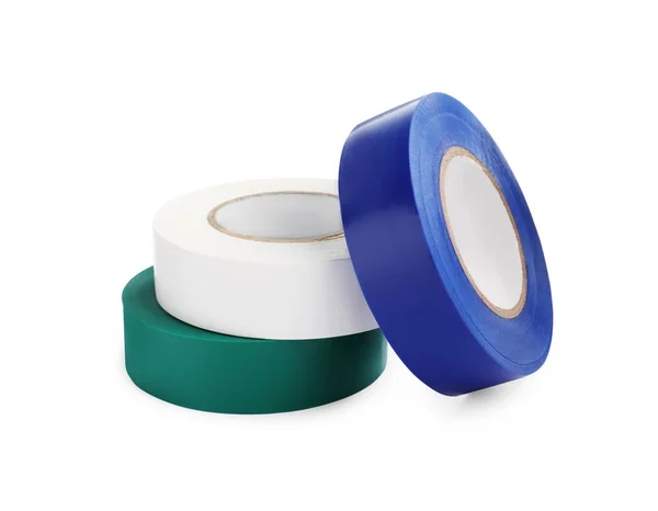 Colorful Insulating Tapes White Background Electrician Supplies — Foto Stock