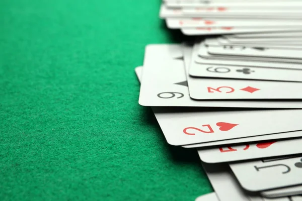 Deck Playing Cards Green Table Closeup Space Text — Foto de Stock