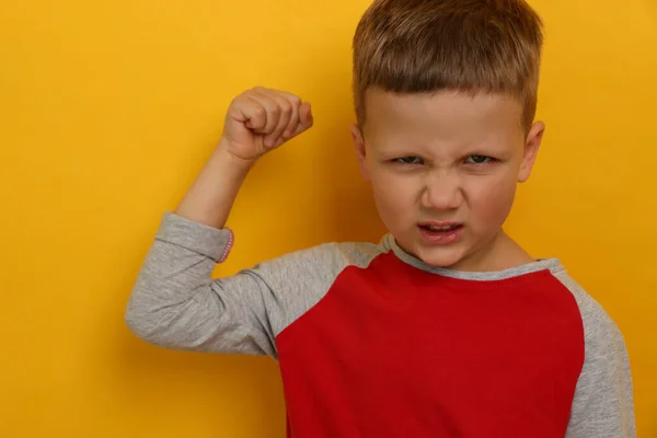 Angry Little Boy Yellow Background Aggressive Behavior — ストック写真