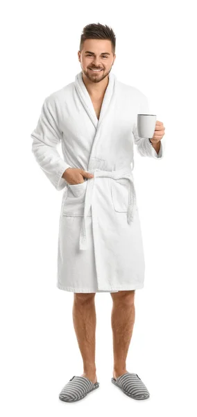 Knappe Man Badjas Met Kopje Koffie Witte Achtergrond — Stockfoto