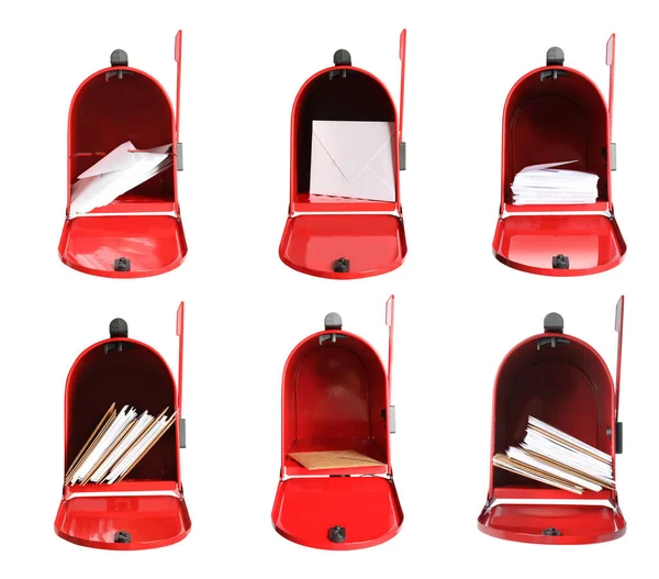 Set Open Red Letter Boxes Correspondence White Background — Stok fotoğraf