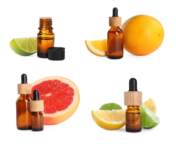 Set Bottles Different Citrus Essential Oils Fresh Fruits White Background — Stock Photo, Image