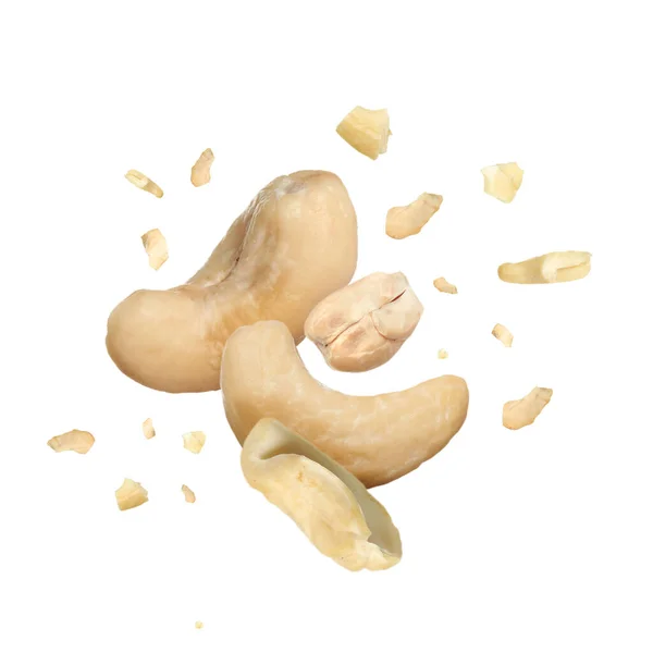Tasty Cashew Nuts Flying White Background — ストック写真