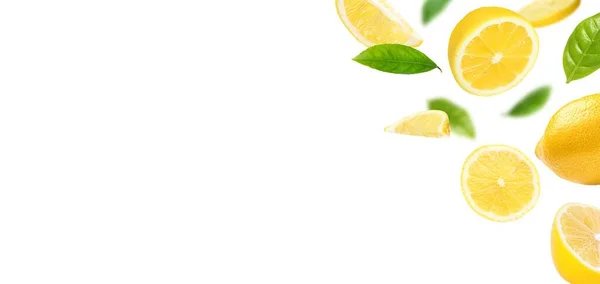 Fresh Ripe Lemons Green Leaves Falling White Background Banner Design — Fotografia de Stock