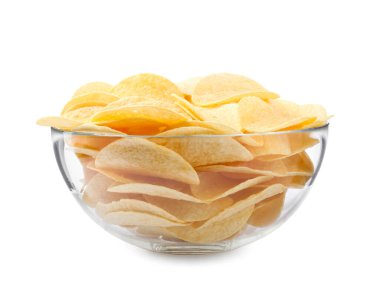 Bowl with delicious potato chips isolated on white