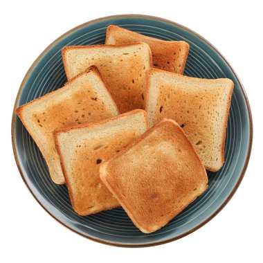 Plate with slices of delicious toasted bread on white background, top view