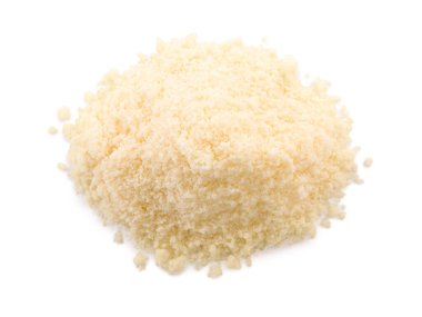 Pile of grated parmesan cheese isolated on white, top view
